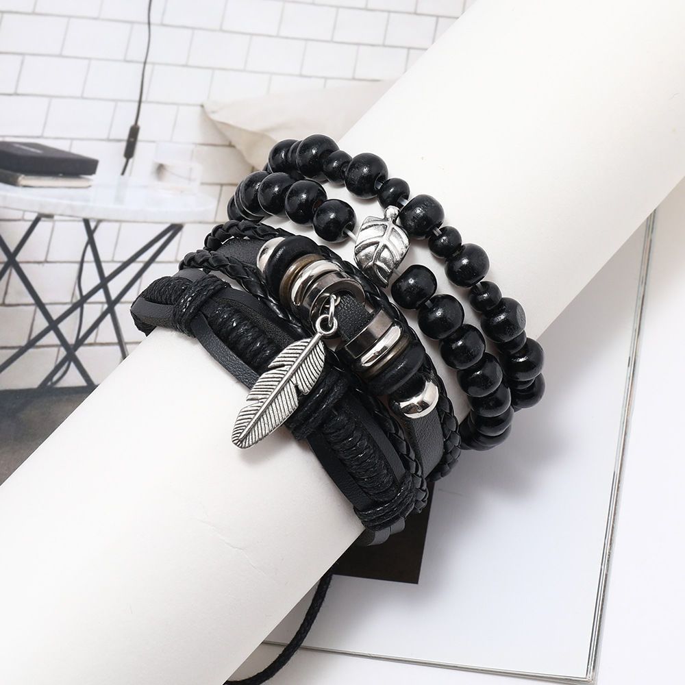 Woven Leather Bead Bracelet Set With Vintage Feather Pendant_voghion.com