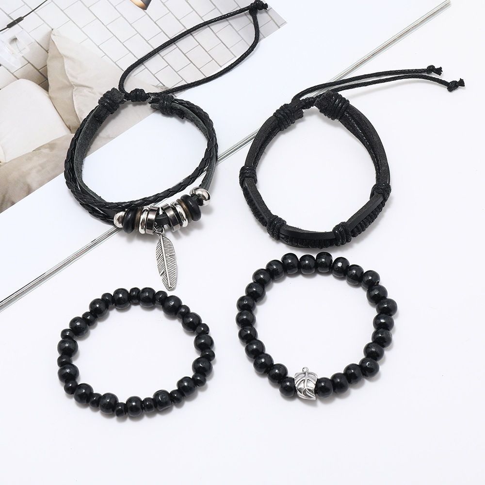 New Europea Ad America Style Leather Wove Beaded Bracelet Set With Vitage Feather Pedat, Premium Wristbad For_voghion.com