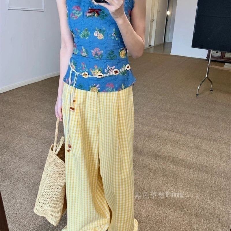 粉色多巴胺慵懒格子裤女夏季垂坠感山本阔腿裤宽松直筒休闲拖地裤【5天内发货】 图片 3