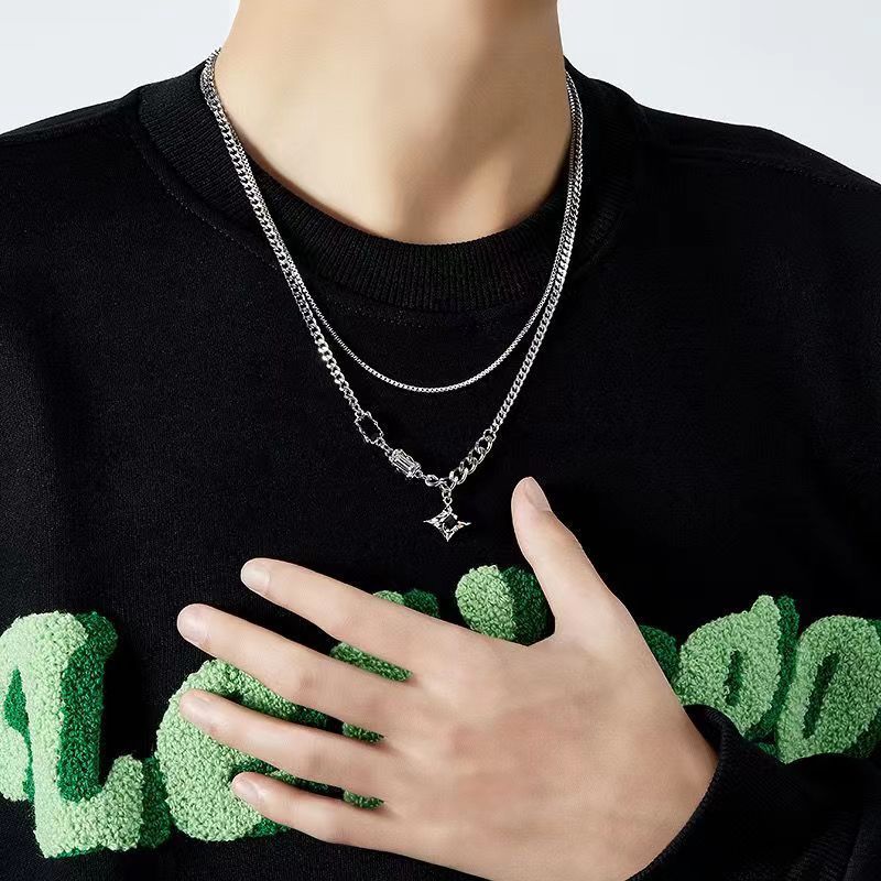 Star Double Layer Necklace For Trendy Sweater Light Luxury Niche Design Hip Hop Style Couple Men Women Clavicle Chain_voghion.com