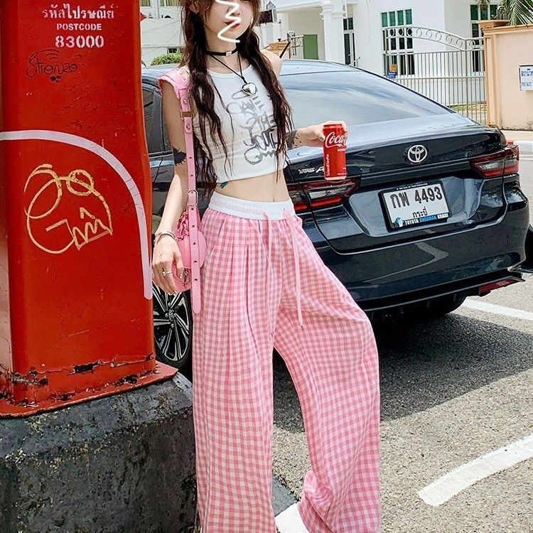 粉色多巴胺慵懒格子裤女夏季垂坠感山本阔腿裤宽松直筒休闲拖地裤【5天内发货】 图片 2