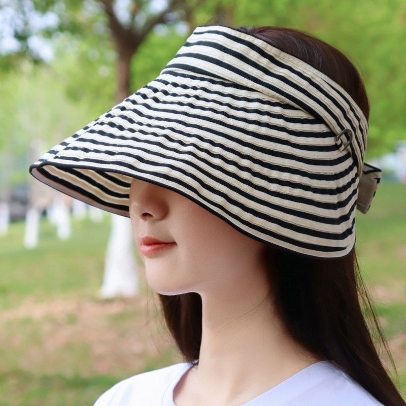 韩国东大门代购夏新款格纹空顶防晒帽优雅便携大檐遮阳帽女韩版潮