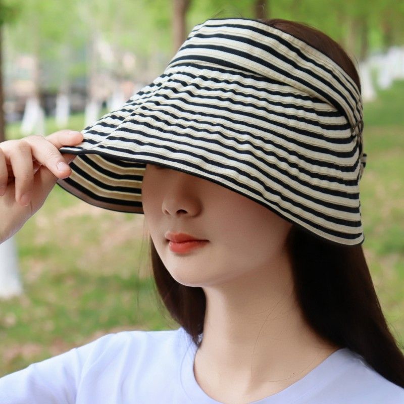 韩国东大门代购夏新款格纹空顶防晒帽优雅便携大檐遮阳帽女韩版潮