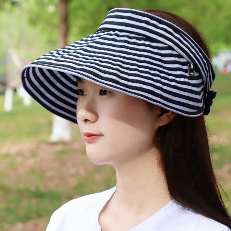 韩国东大门代购夏新款格纹空顶防晒帽优雅便携大檐遮阳帽女韩版潮