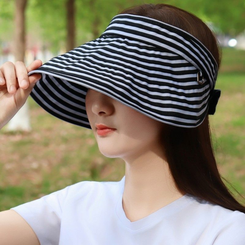 韩国东大门代购夏新款格纹空顶防晒帽优雅便携大檐遮阳帽女韩版潮