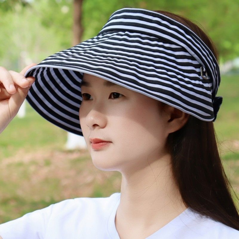 韩国东大门代购夏新款格纹空顶防晒帽优雅便携大檐遮阳帽女韩版潮