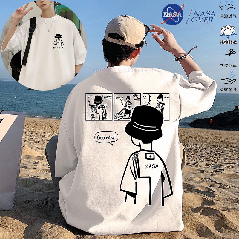 NASA2025夏季新款休闲男士纯棉短袖T恤时尚百搭半袖打底衫简约潮t