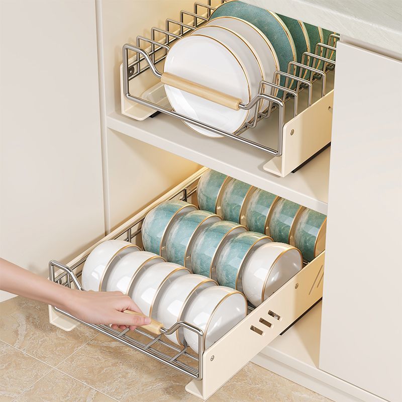 Pull-out Dish Stainless Steel Kitchen Cabinet Built-in Storage Under Sink Drawer-style Bowl Plate Draining Rack_voghion.com