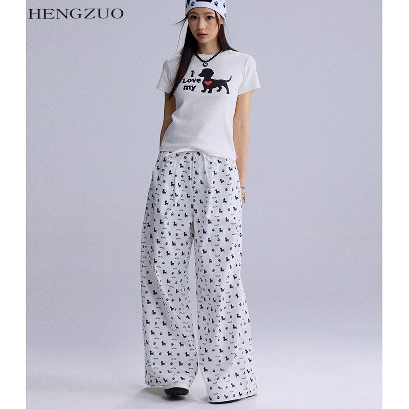 白色满印小狗复古运动休闲裤女2025夏季高腰垂感宽松小个子阔腿裤