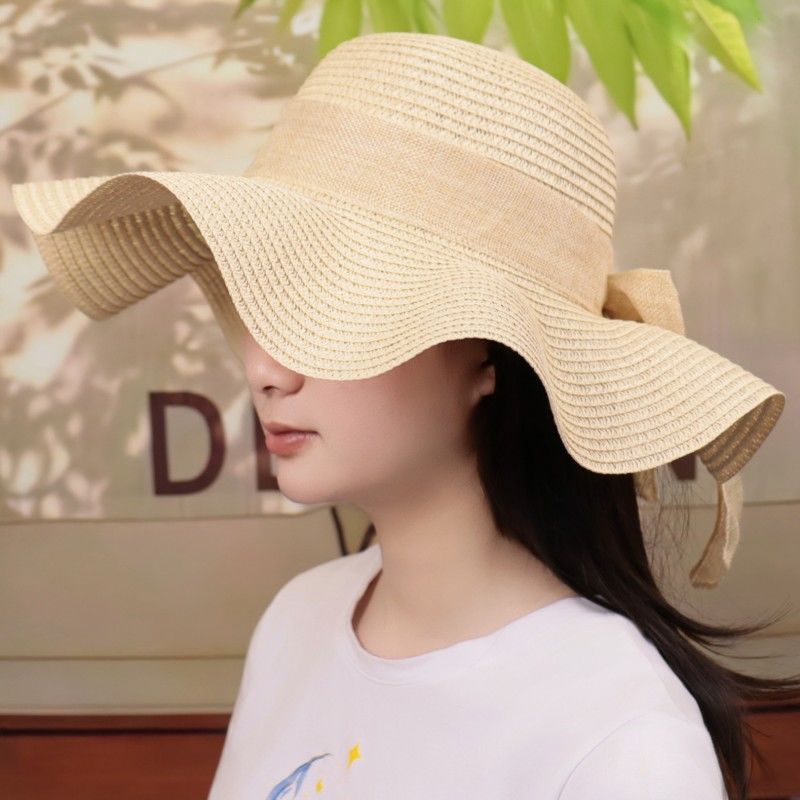 草帽子女夏防晒遮脸太阳帽可折叠百搭大檐度假出游海边沙滩遮阳帽