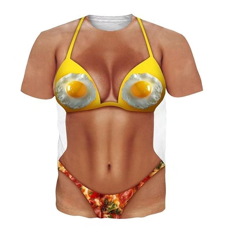欧美夏季热卖鸡蛋肌肉图案3d印花短袖男生个性时尚圆领T恤衫