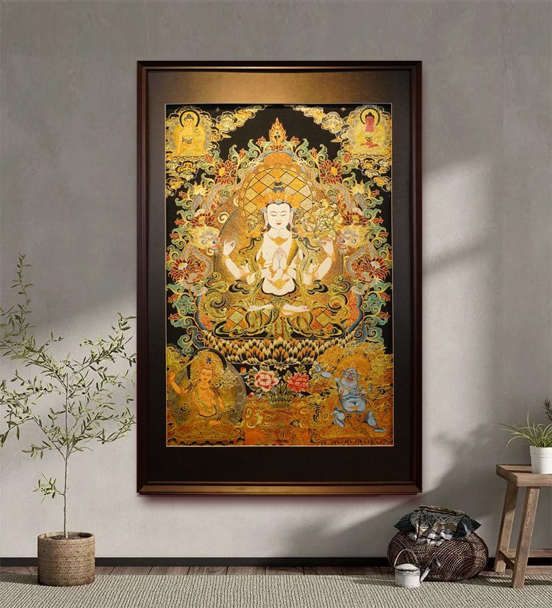 四臂观音藏式刺绣唐卡装饰画佛堂客厅壁画中堂聚财玄关中式挂画 5