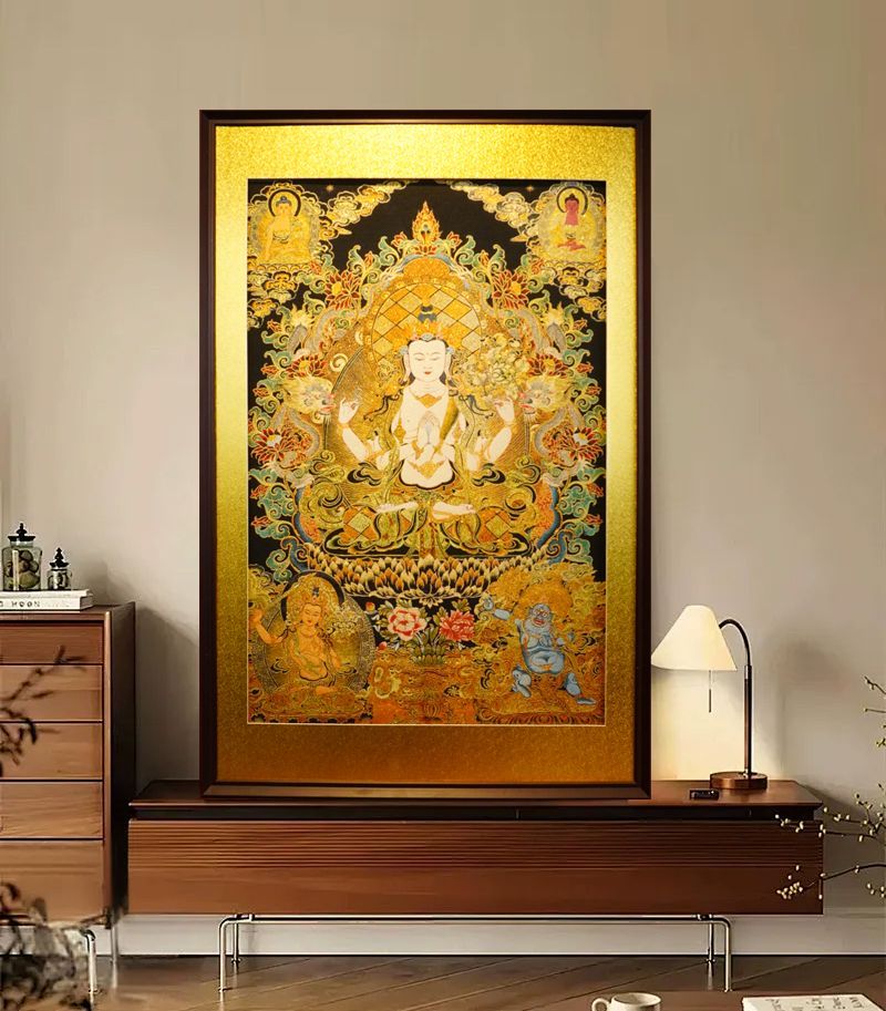 四臂观音藏式刺绣唐卡装饰画佛堂客厅壁画中堂聚财玄关中式挂画 detail 1