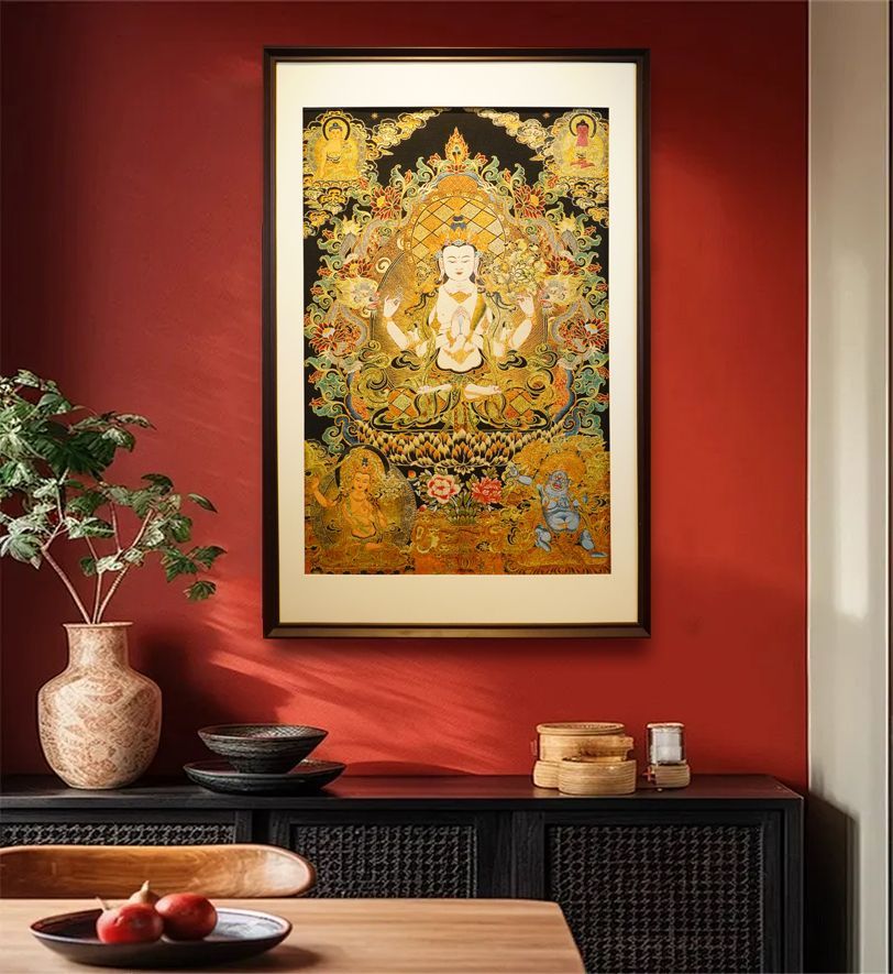 四臂观音藏式刺绣唐卡装饰画佛堂客厅壁画中堂聚财玄关中式挂画 4