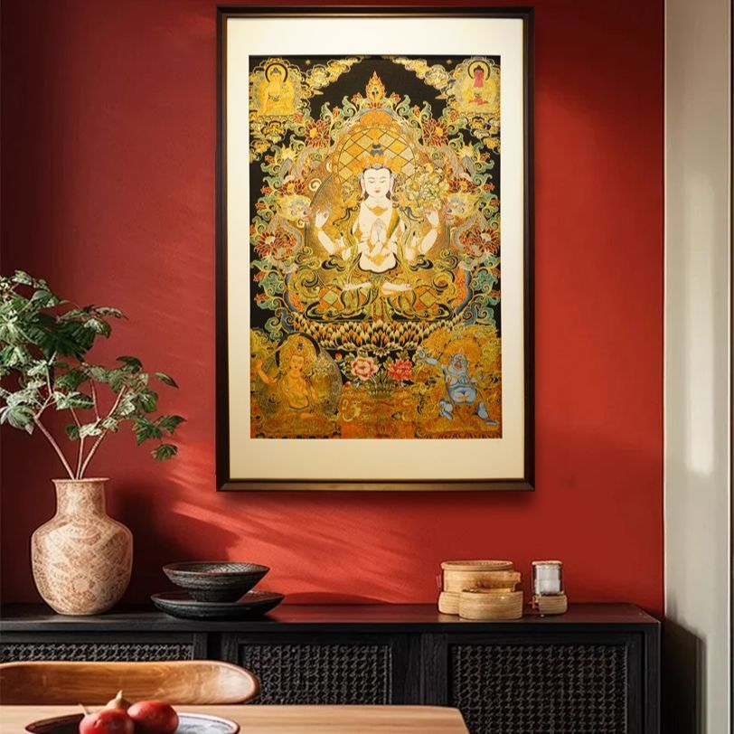 四臂观音藏式刺绣唐卡装饰画佛堂客厅壁画中堂聚财玄关中式挂画 3