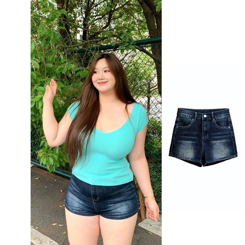 150 kg Damen Sommer Neue High Waist American Style Hüftbetonende Denim-Shorts für Damen in Übergrößen Elastische Hüftbetonung_voghion.com