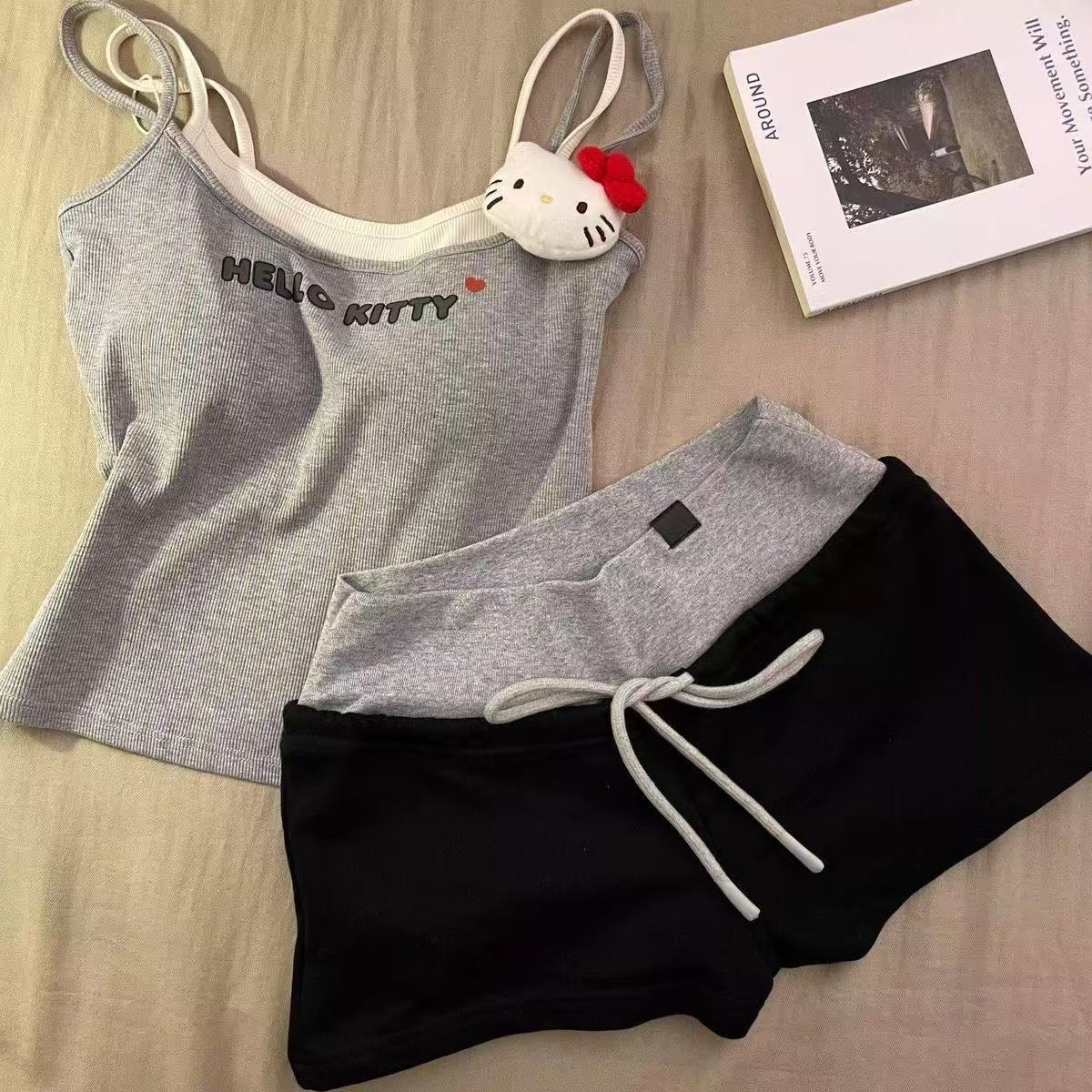 kitty猫假两件吊带睡衣女款夏季可外穿带胸垫背心短裤家居服套装
