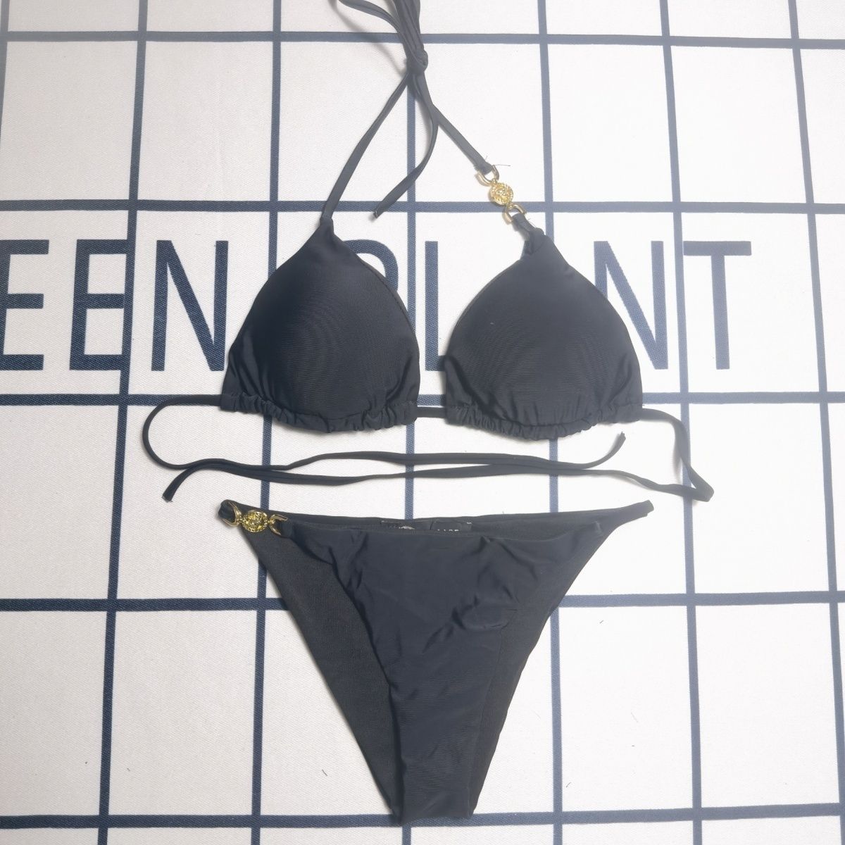 Solid Colour Two-piece Bikini Set Sexy Lace-up Triangle Swimsuit_voghion.com