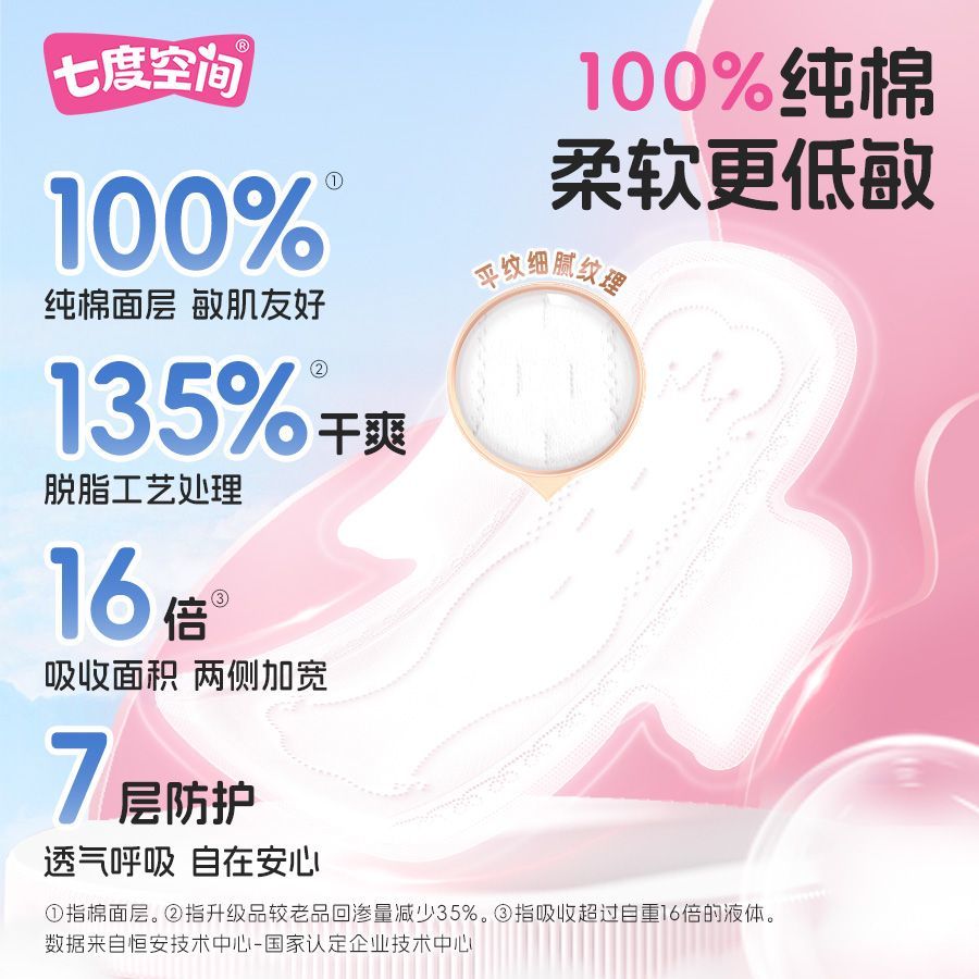 七度空间卫生巾少女超薄纯棉大包装日用245mm敏肌学生有护翼
