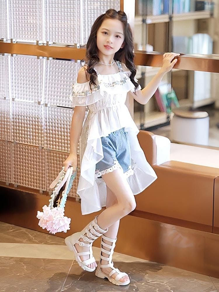Sommer-set Für Mädchen Modisches Camisole-top Mit Jeansshorts_voghion.com