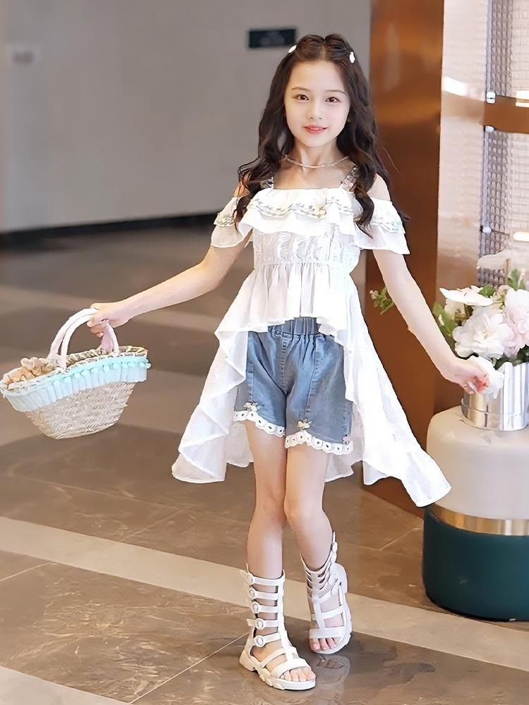 Sommer-set Für Mädchen Modisches Camisole-top Mit Jeansshorts_voghion.com