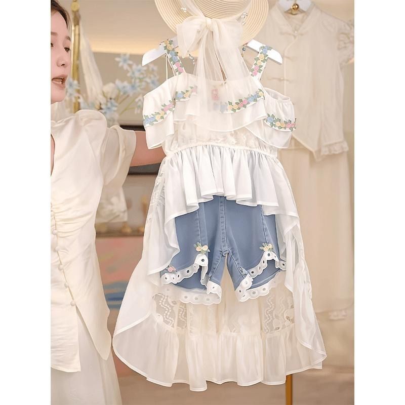 Sommer-set Für Mädchen Modisches Camisole-top Mit Jeansshorts_voghion.com