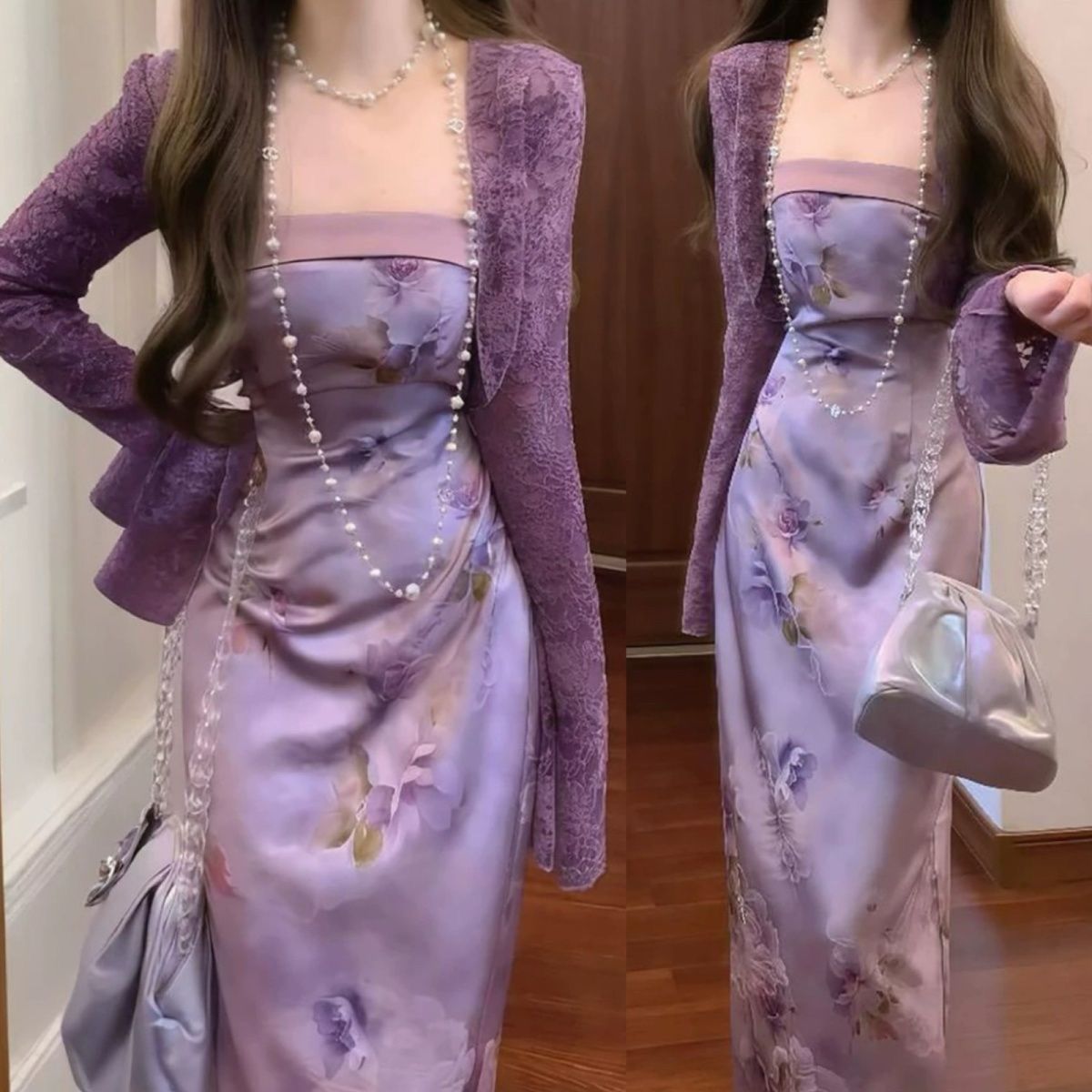 新款夏季新中式国风复古紫色旗袍连衣裙套装蕾丝防晒外套印花长裙