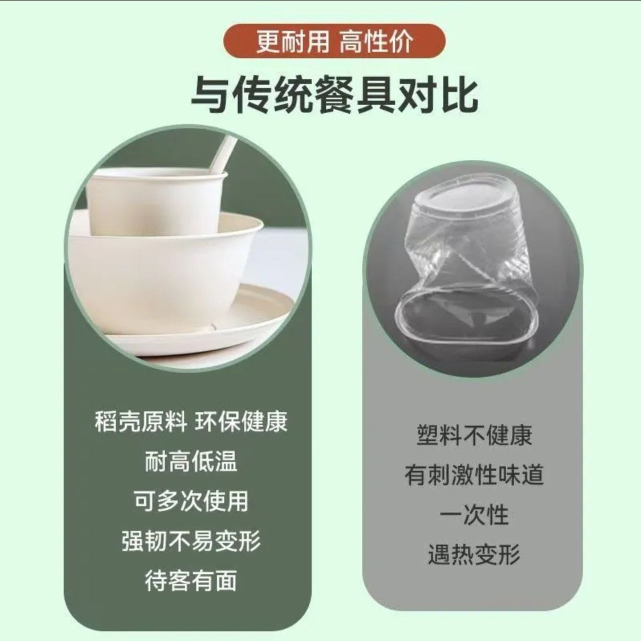 硬质稻壳碗杯筷套装露营郊游野餐便环保可降解材一次性碗筷五件套 图片 8