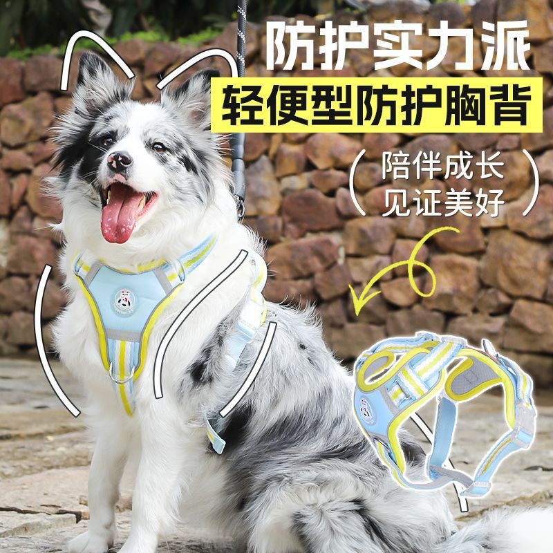 马卡龙色系新款反光背心式胸背遛狗绳防爆冲可调节狗绳宠物背心绳