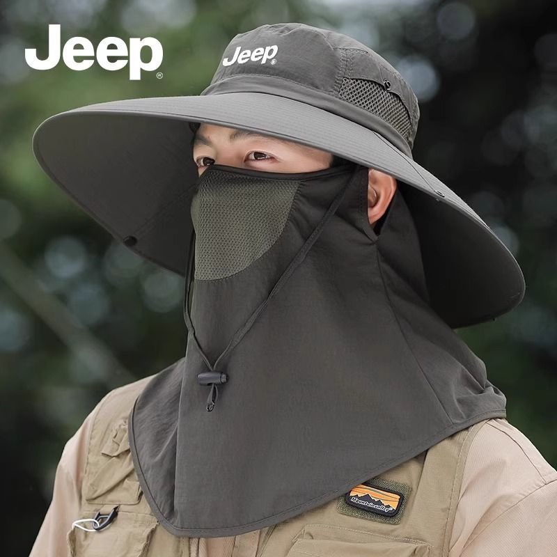 JEEP吉普男防晒渔夫帽夏季户外钓鱼骑车透气遮阳遮脸面罩太阳帽子
