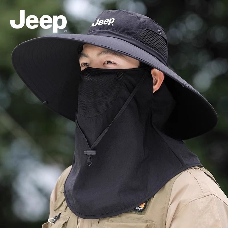 JEEP吉普男防晒渔夫帽夏季户外钓鱼骑车透气遮阳遮脸面罩太阳帽子