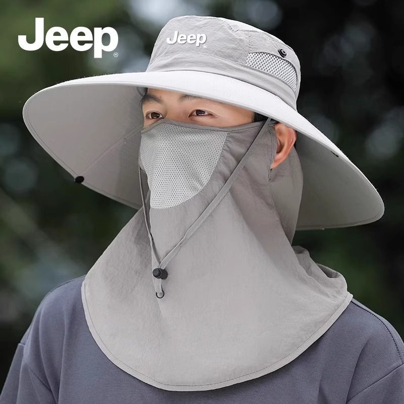 JEEP吉普男防晒渔夫帽夏季户外钓鱼骑车透气遮阳遮脸面罩太阳帽子