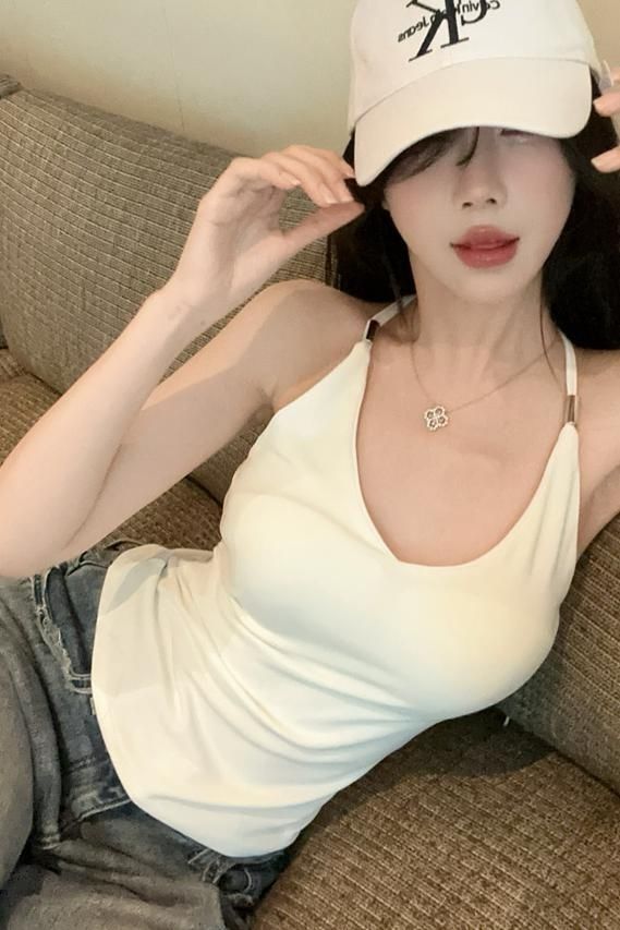 Damen Tanktop Mit V-ausschnitt Und Brustpolstern In Schwarz_voghion.com