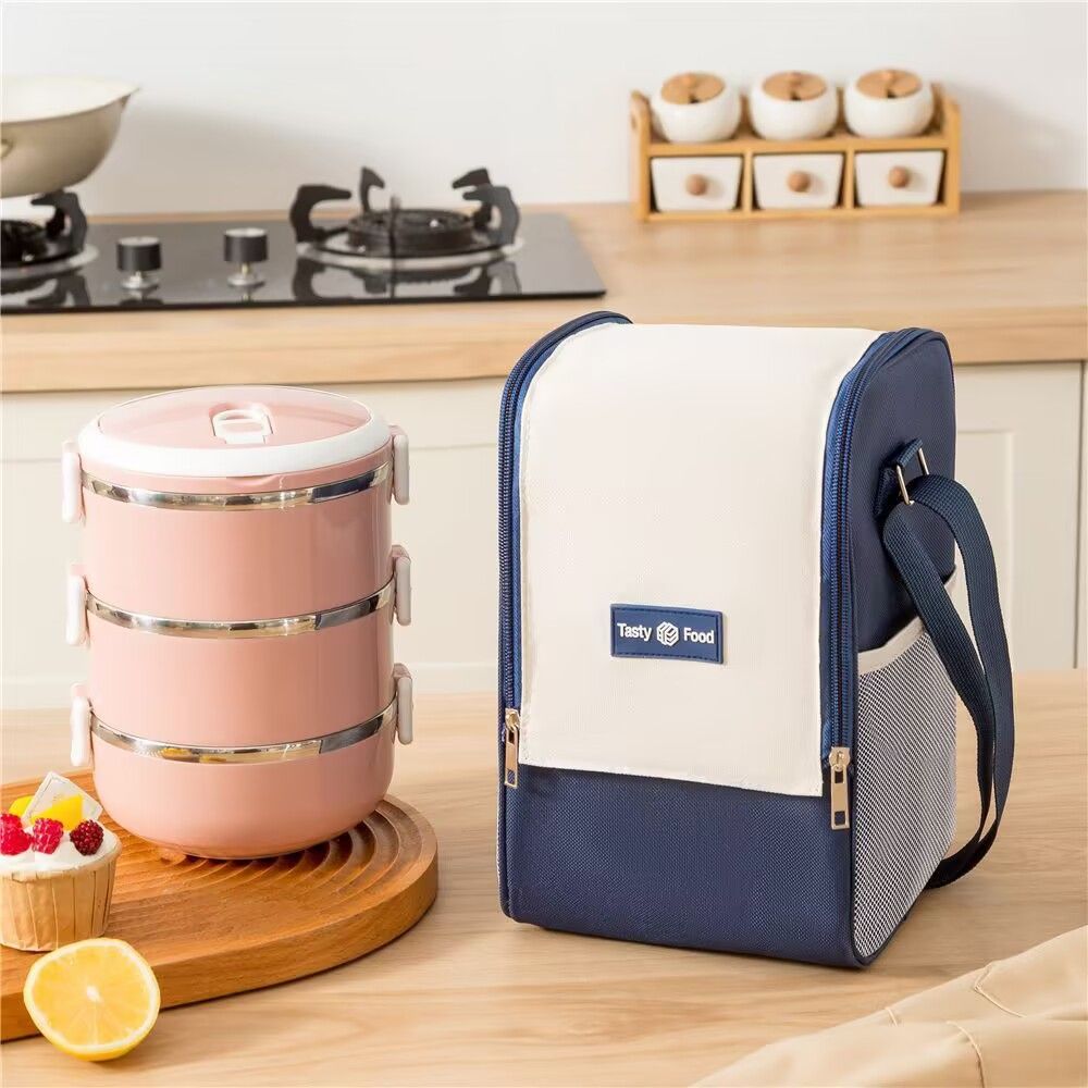 可斜挎手提带饭保温饭盒饭袋上班族牛津布袋子圆形饭桶便当包便携