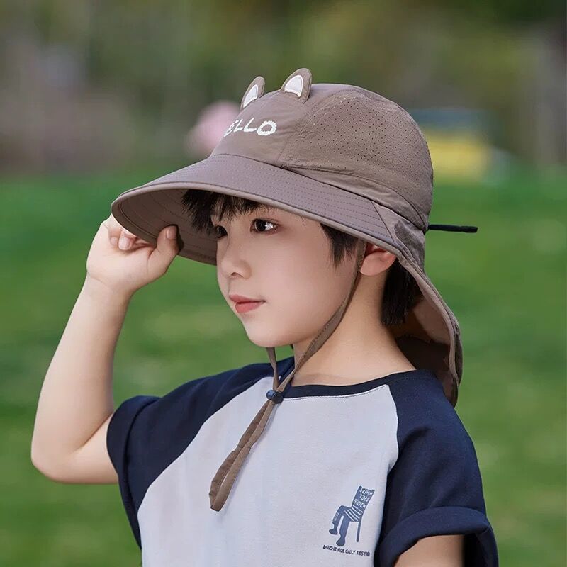 儿童帽子夏季遮阳帽男女童大檐宝宝防晒速干披肩户外渔夫太阳帽薄