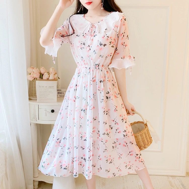 2025夏季新款大码胖MM夏中长款甜美棉娃娃领碎花连衣裙女(棉~)