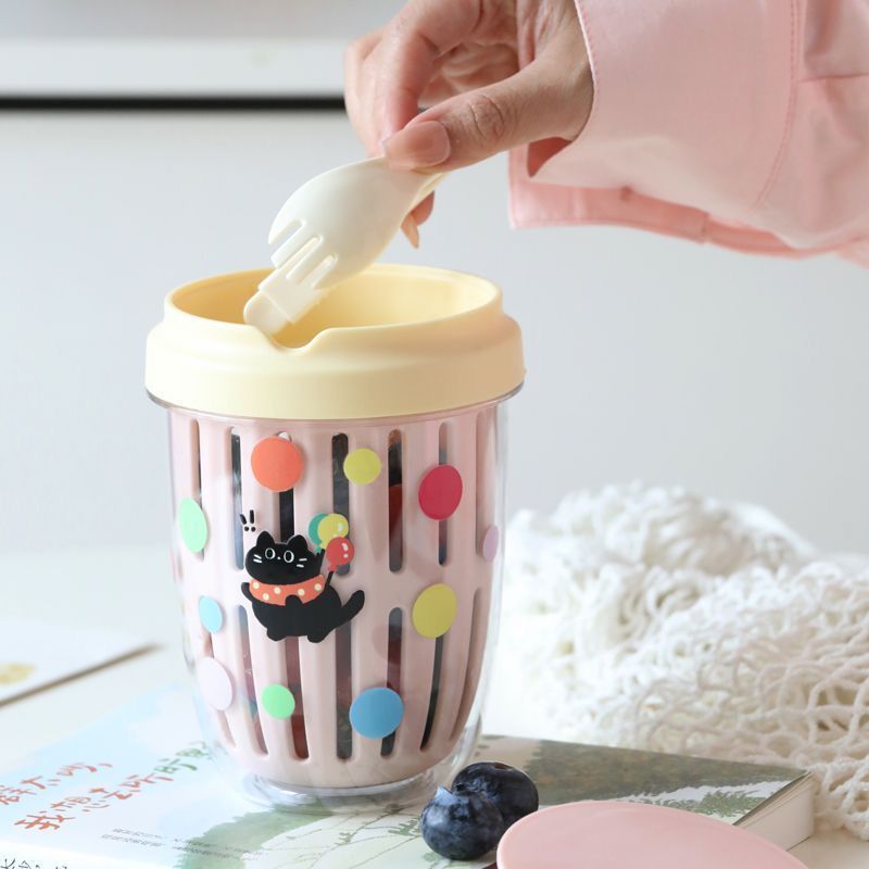 高颜值可沥水果杯便携式沙拉杯食品级自带叉子上班族外出带便当盒