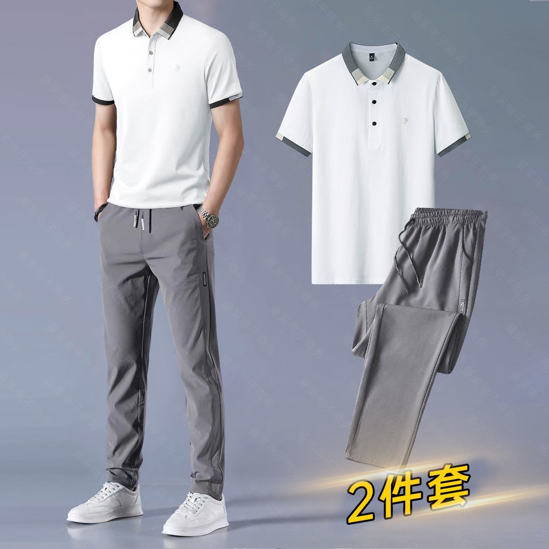 夏季男士翻领短袖t恤套装搭配帅气潮牌刺绣高级感痞帅Polo衫一套