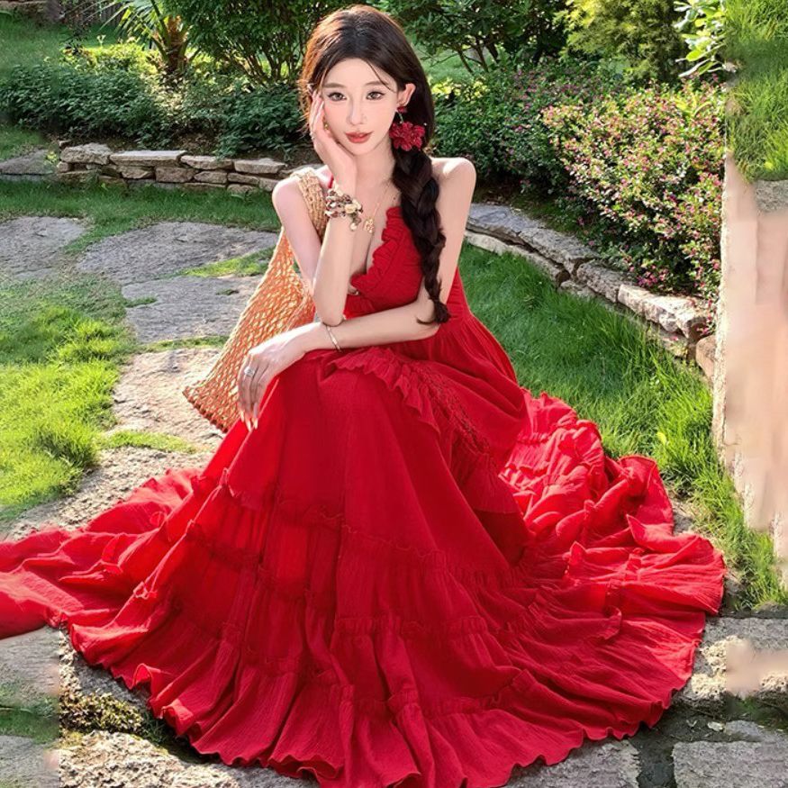 燕语棠夏季法式绝美宽松度假沙滩裙性感露背吊带连衣裙长裙女