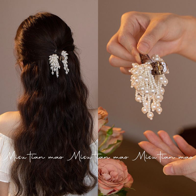 Elegante pinza para el pelo con borla de perlas para recogidos_voghion.com