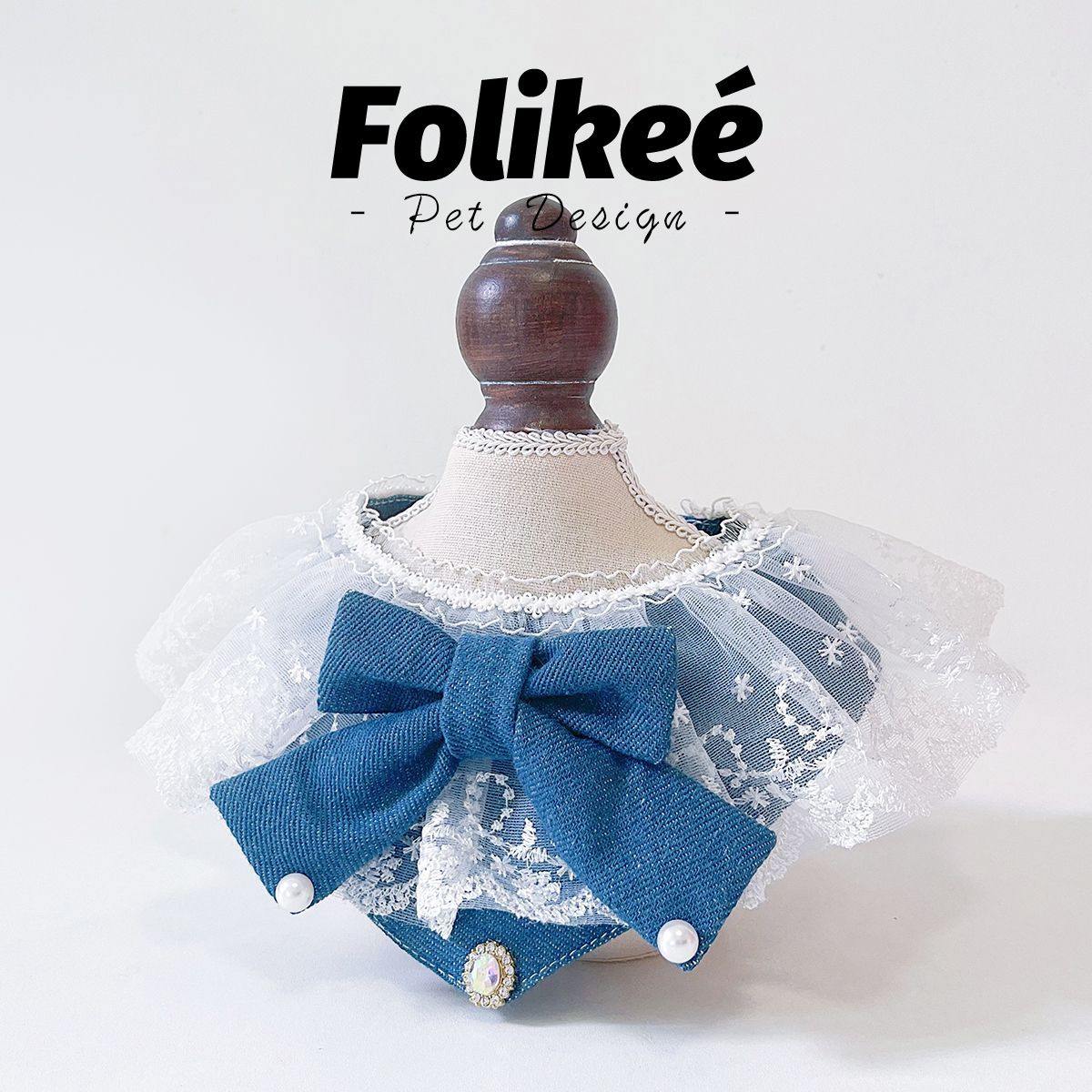 Folikee《卡罗林》复古简约牛仔礼纱围脖猫狗节日服装宠物口水巾【15天内发货】