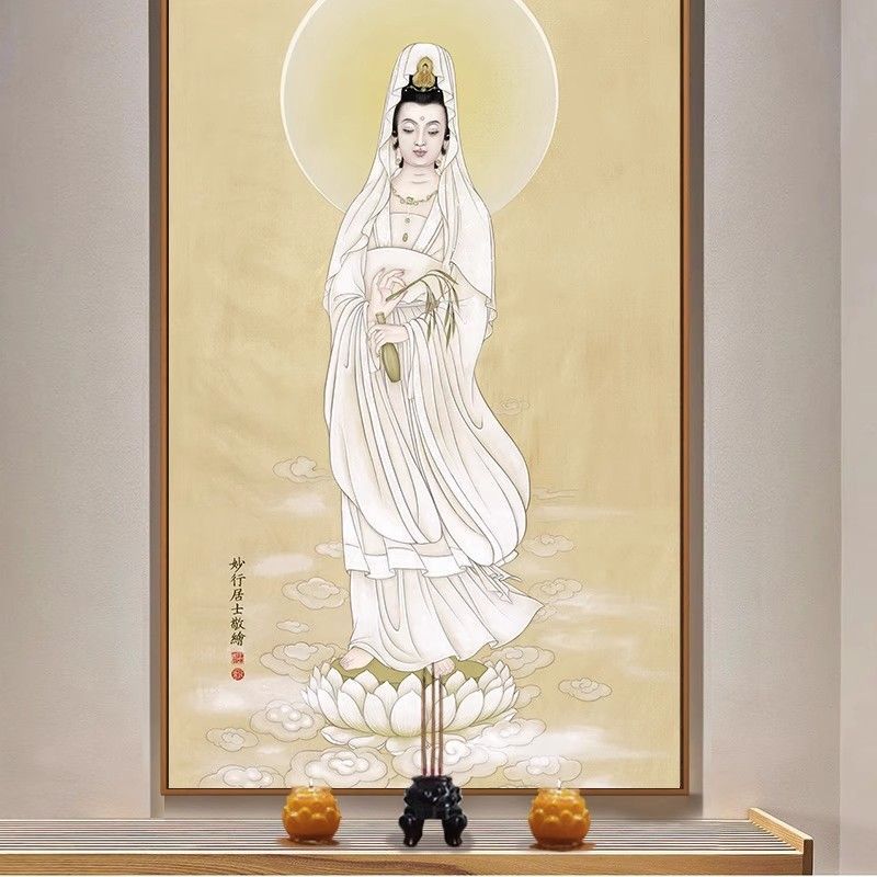南海观音菩萨画像光世音佛系风挂画白衣观音玄关佛堂神相字画佛像 2