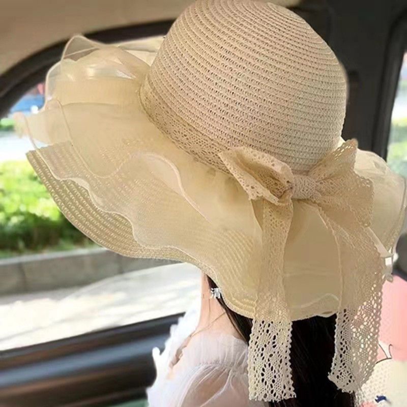 Beach Hat With Lace Brim, Versatile Bowknot Hat, UV Protection, Summer Sun Protection 03_voghion.com