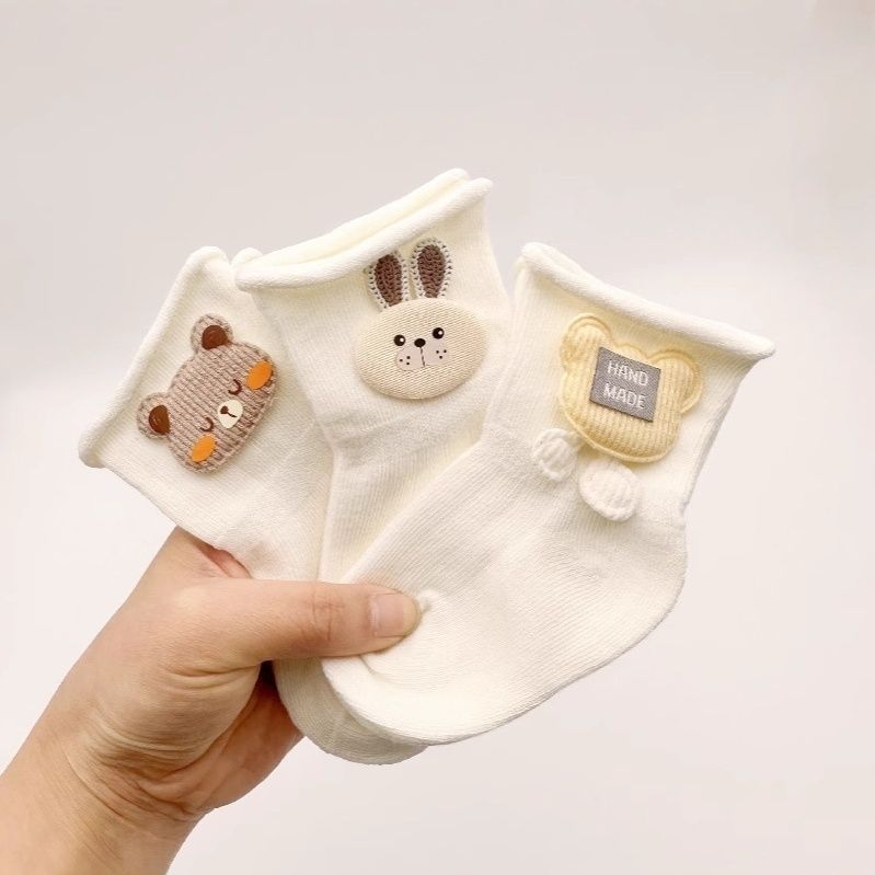 新生婴儿袜子0-6月春秋季初生宝宝幼儿松口不勒腿可爱公仔中筒袜