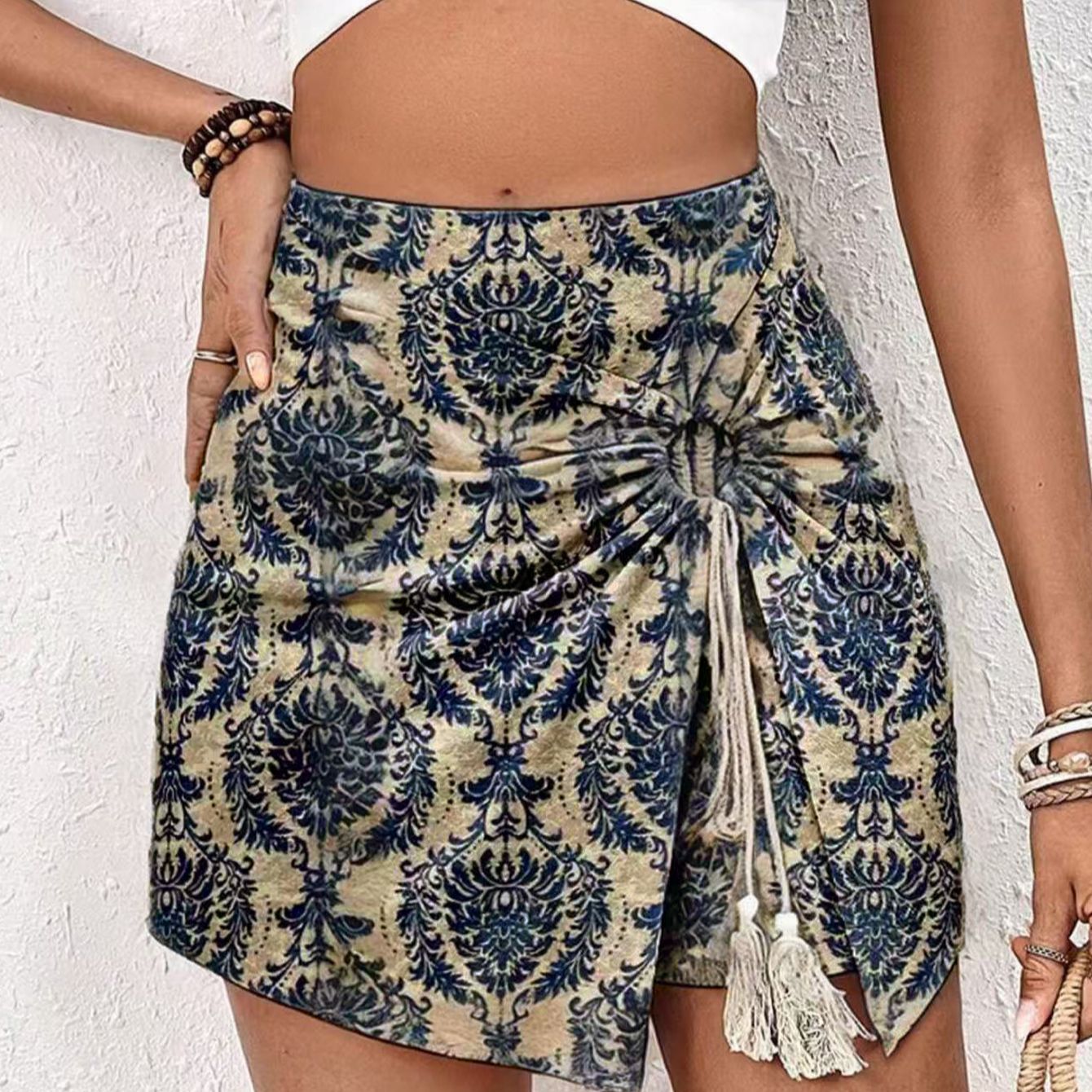 复古印花波西米亚民族风抽绳扭结褶皱小众设计度假半身裙