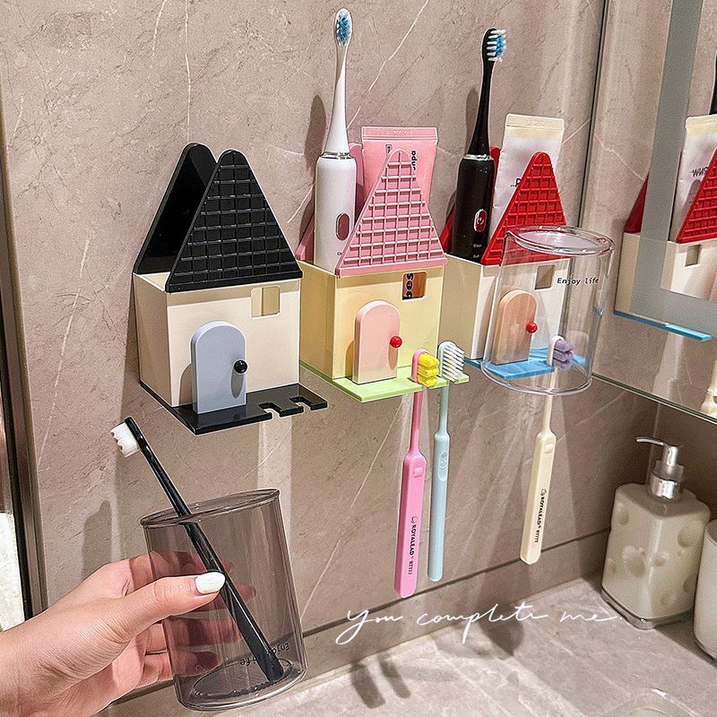 Cute Little House, Tooth Cup Storage Rack, Dormitory, Household Bathroom, Wall Mounted, No Drilling Toothbrush Storage Rack_voghion.com