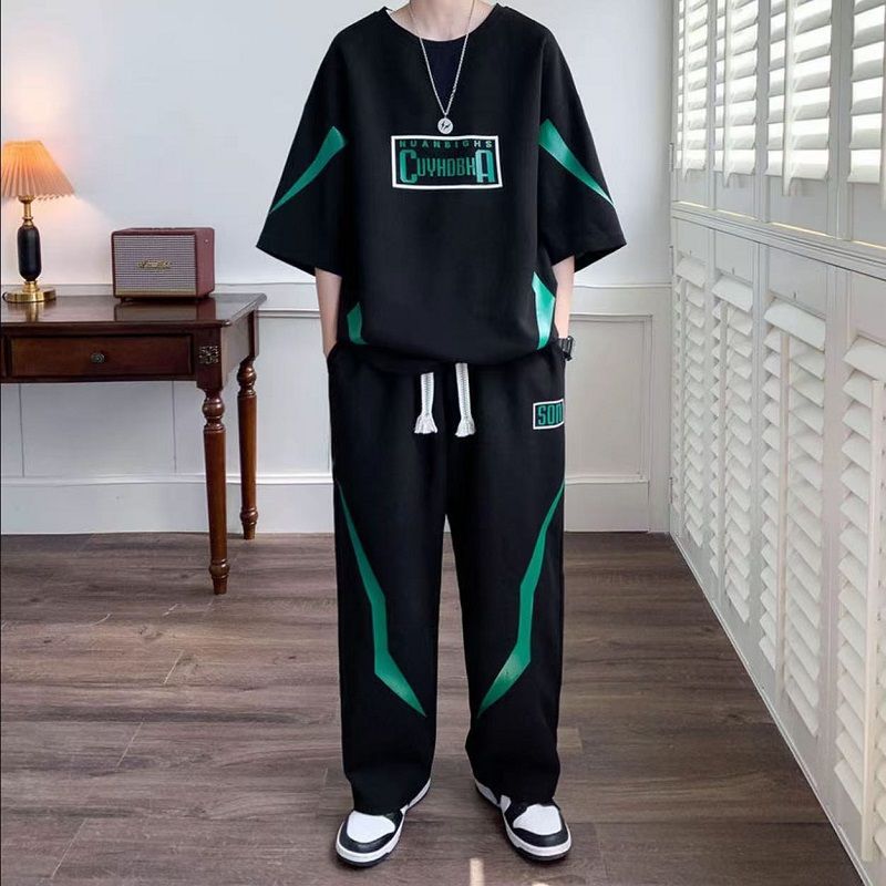 夏季五分袖休闲运动短袖套装时尚潮牌青少年初中高中学生痞帅男装 图片 5