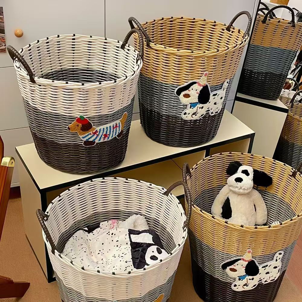 Ins Large Capacity Cute PuppyRattan Dirty Bathroom Toy Laundry Woven Storage Basket_voghion.com
