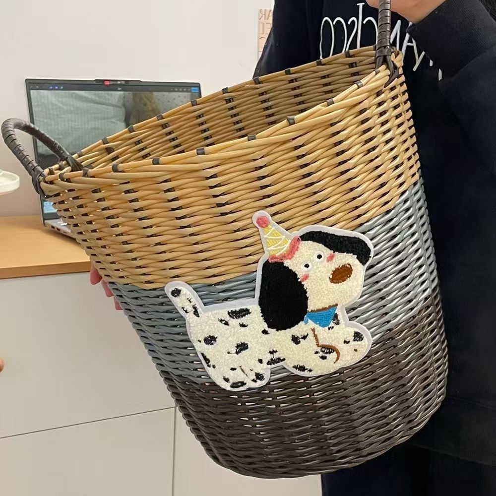 Ins Large Capacity Cute PuppyRattan Dirty Bathroom Toy Laundry Woven Storage Basket_voghion.com