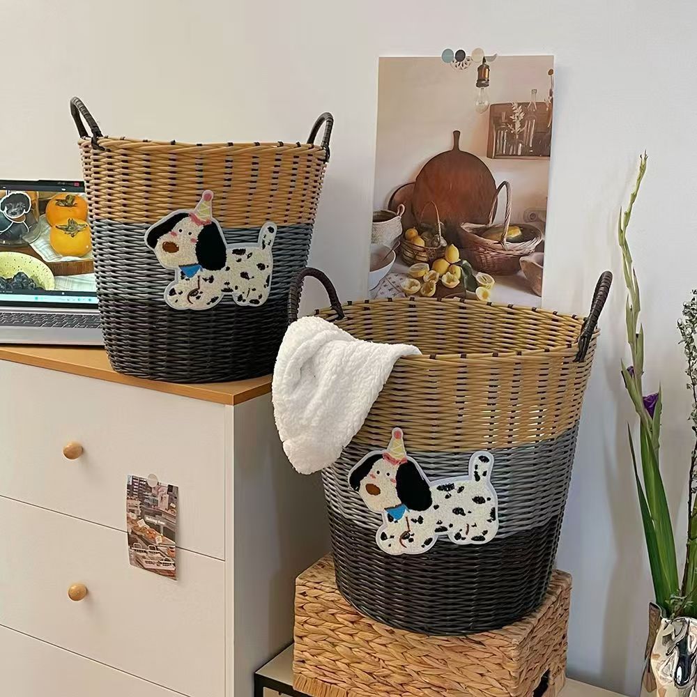 Ins Large Capacity Cute PuppyRattan Dirty Bathroom Toy Laundry Woven Storage Basket_voghion.com